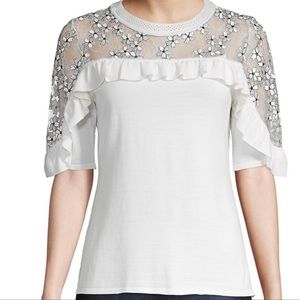 Elie Tahari Women’s Flora Illusion Merino Wool Pullover Cream Blouse Size XS